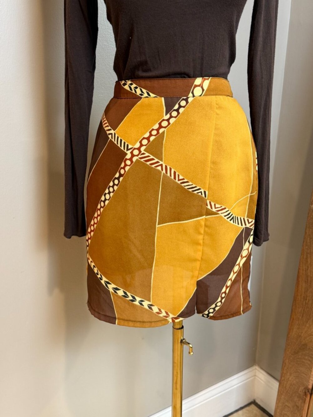 Vintage Italian Mustard Brown Chain Scarf Print Skirt IT 44